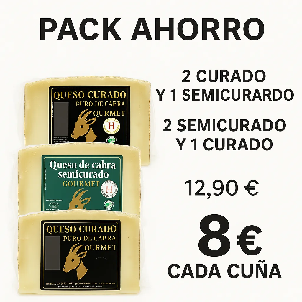Pack Ahorro de Quesos de Cabra – 3 Cuñas (250 g cada una) Huelva Distributions (2 curado + 1 semicurado)
